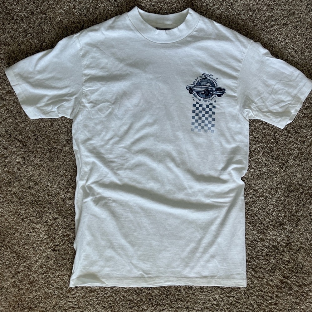 White 1968 mustang world registry t-shirt/ Size- L